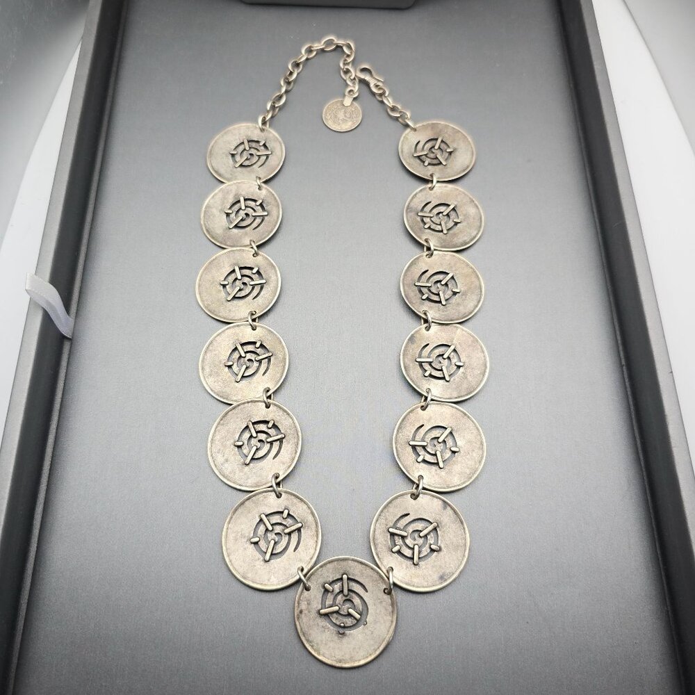 VTG Swirl Disc Medallion Statement Necklace 16" Antique Silver-Plate Adjustable - Picture 6 of 13